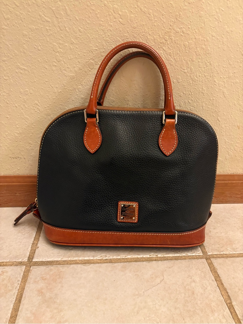 Dooney & Bourke Black Pebbled Leather Satchel with Brown Leather Trim